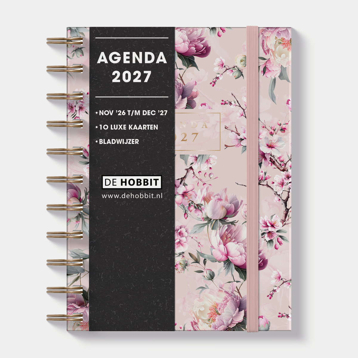 A6 ringband agenda 2027 met kersenbloesemprint, harde cover en elastische sluiting – vooraanzicht met informatieve banderol.