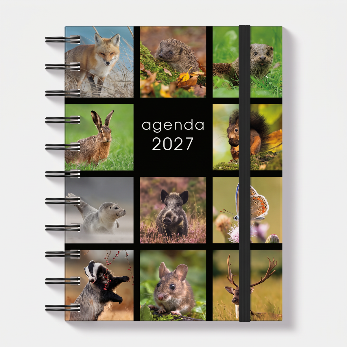 A6 ringband agenda 2027 met afbeeldingen van Nederlandse flora en fauna, met harde cover en elastische sluiting – vooraanzicht.