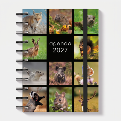 A6 ringband agenda 2027 met afbeeldingen van Nederlandse flora en fauna, met harde cover en elastische sluiting – vooraanzicht.
