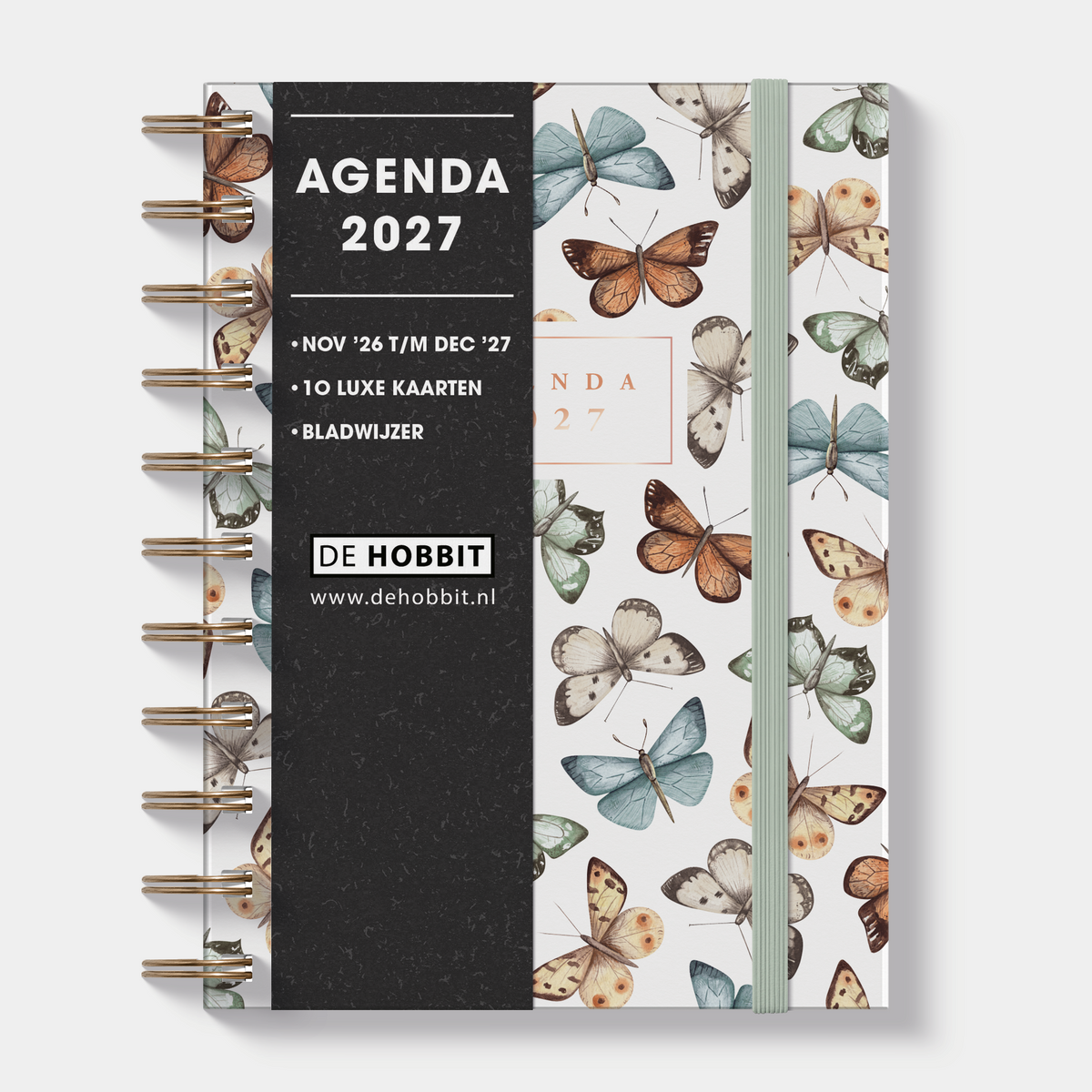 A6 ringband agenda 2027 met kleurrijke vlinders, harde cover en elastische sluiting – vooraanzicht met informatieve banderol.