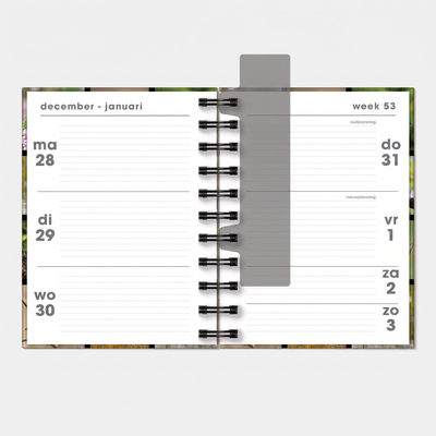 A6 ringband agenda 2027 met afbeeldingen van vogels – binnenwerk met weekoverzicht.