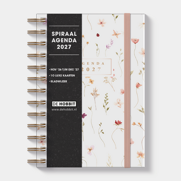Ringband agenda 2027 in B6 formaat met print van kleine aquarel bloemetjes, harde cover en elastische sluiting – vooraanzicht met informatieve banderol.