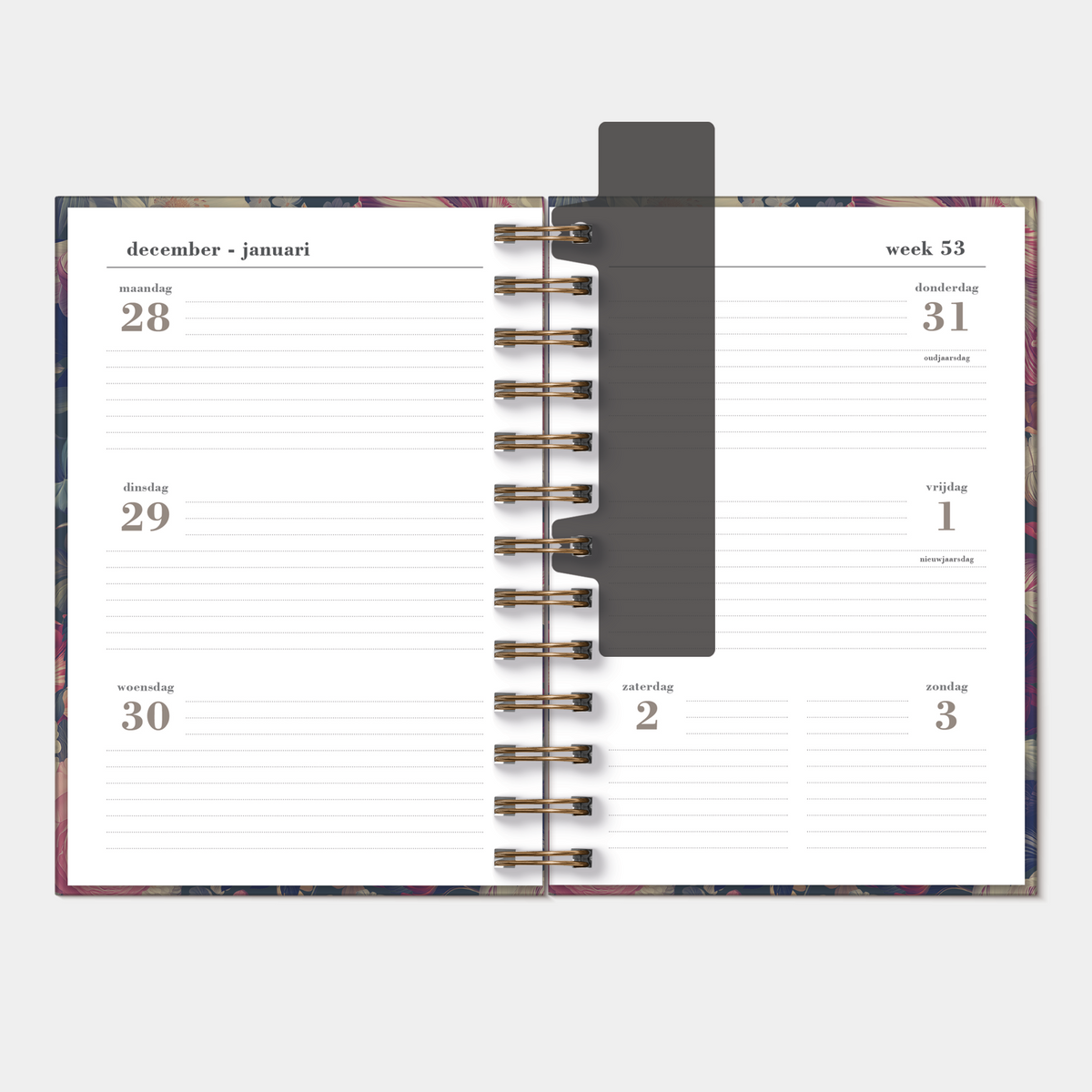 Ringband agenda 2027 in B6 formaat met klassieke bloemenprint – binnenwerk met weekoverzicht.