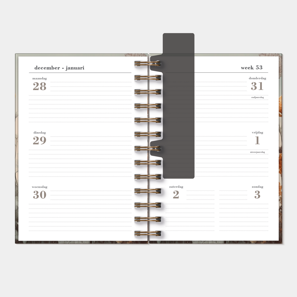Ringband agenda 2027 met veldbloemenprint – binnenwerk met weekoverzicht.