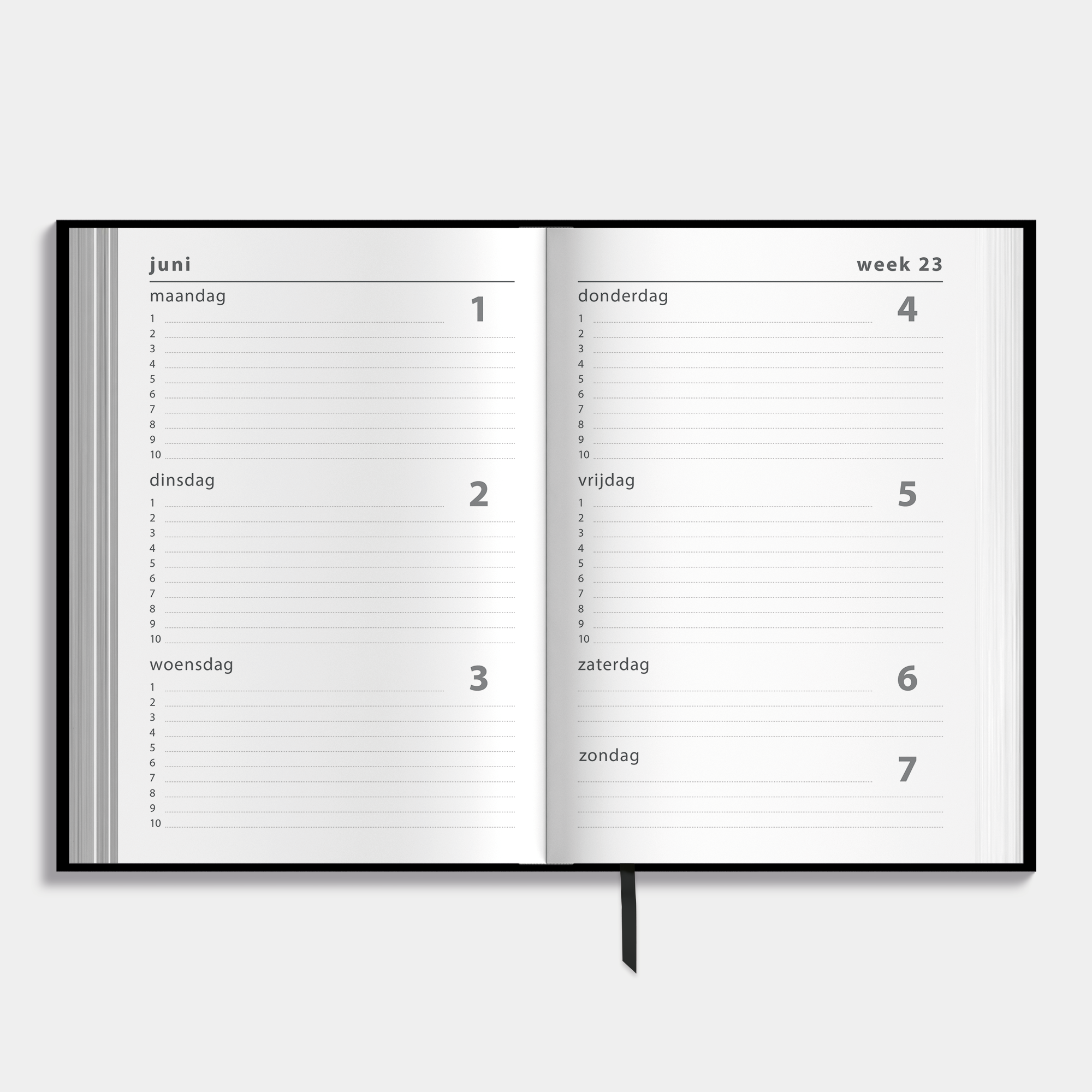 Zwarte schoolagenda 2026-2027 met harde cover – weekoverzicht.