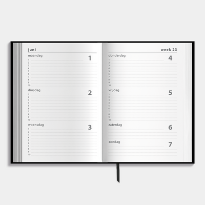 Zwarte schoolagenda 2026-2027 met harde cover – weekoverzicht.