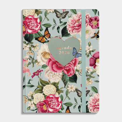 A6 agenda 2026 met brocante print, met stevige maar zachte cover en elastische sluiting – vooraanzicht.