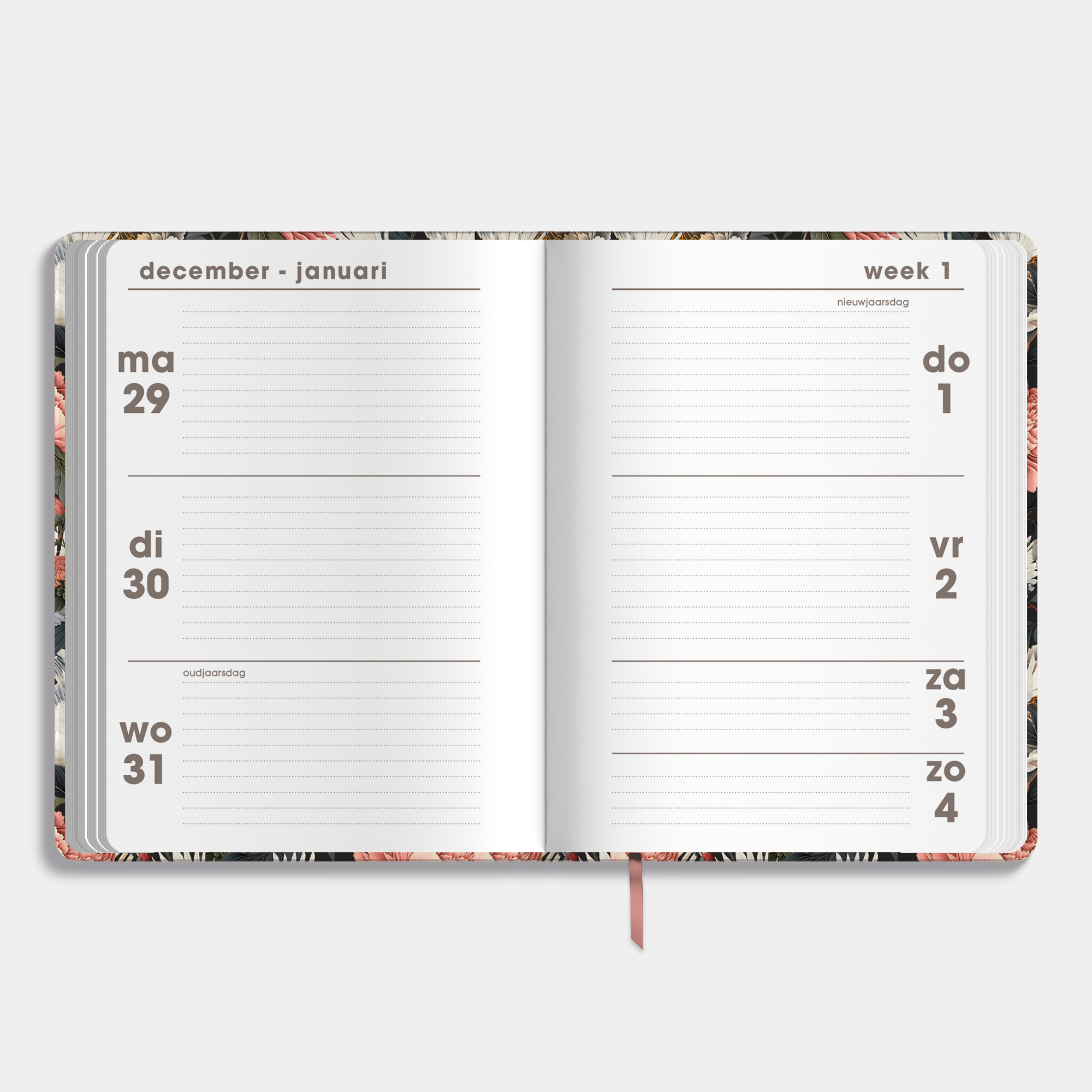A6 agenda 2026 met een chique dessin van kraanvogels en pioenen – binnenwerk met weekoverzicht.