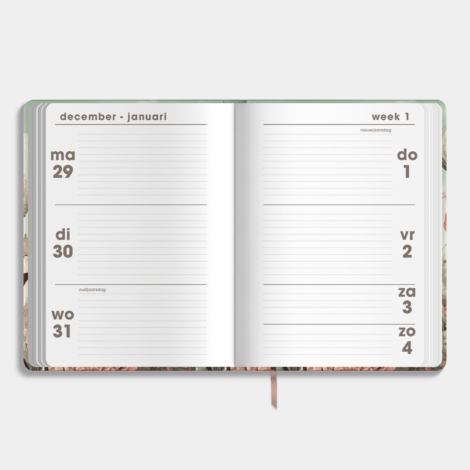 A6 agenda 2026 met veldbloemenprint, met zachte maar stevige cover en elastische sluiting – binnenwerk met weekoverzicht.