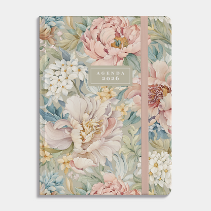 A6 agenda 2026 met vintage dessin van pioenrozen in pasteltinten – vooraanzicht.