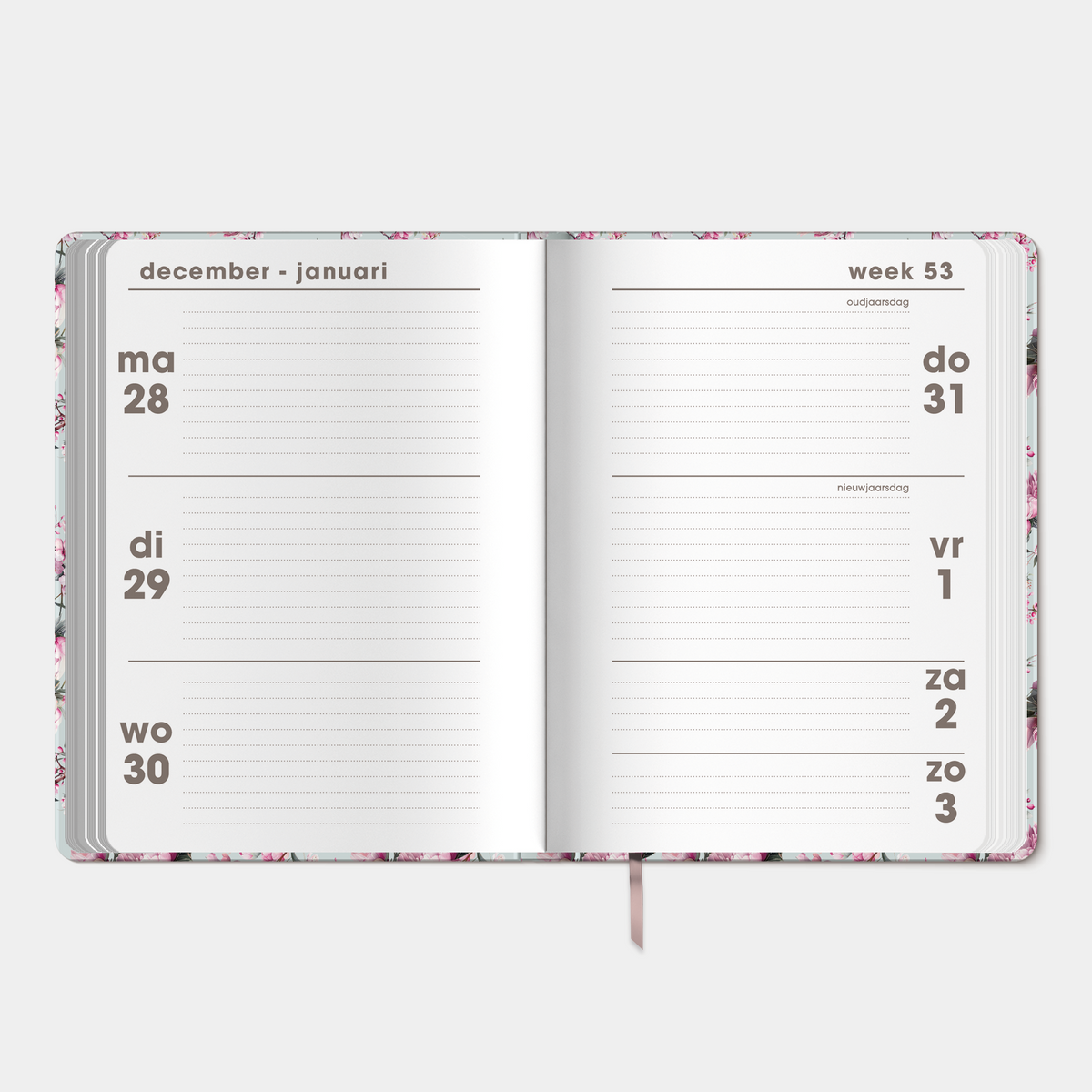 A6 agenda 2027 met kersenbloesemprint, met zachte cover en elastische sluiting – binnenwerk met weekoverzicht.