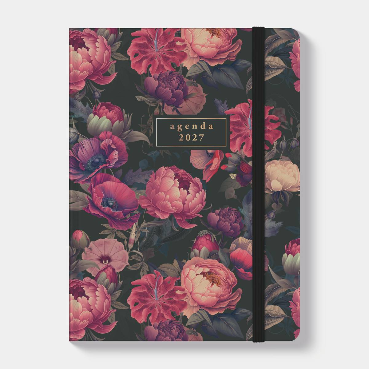 A6 agenda 2027 met een klassieke print van rode rozen op een donkere achtergrond, met een zachte cover en elastische sluiting – vooraanzicht.