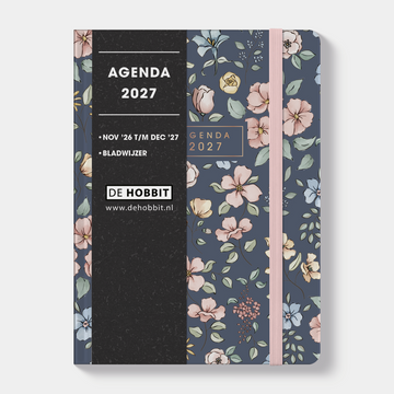 A6 agenda 2027 met kleine pastel bloemetjes op een donkerblauwe achtergrond – vooraanzicht met informatieve banderol.