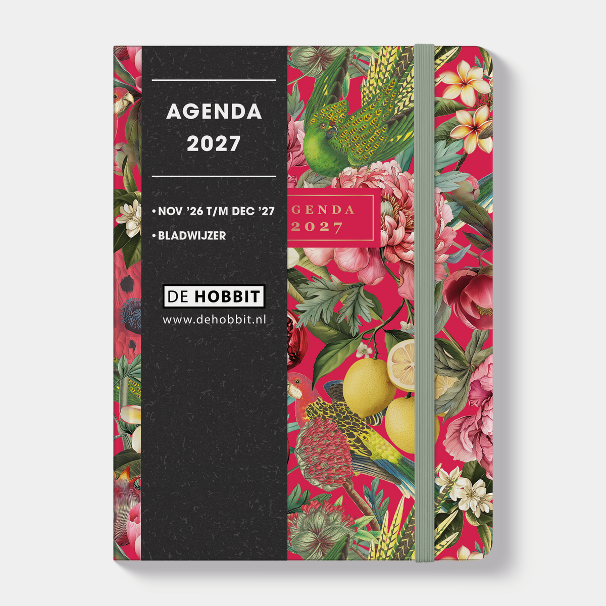 A6 agenda 2027 met een tropische print van fruit, bloemen en papegaaien op een velvet rode achtergrond – vooraanzicht met informatieve banderol.