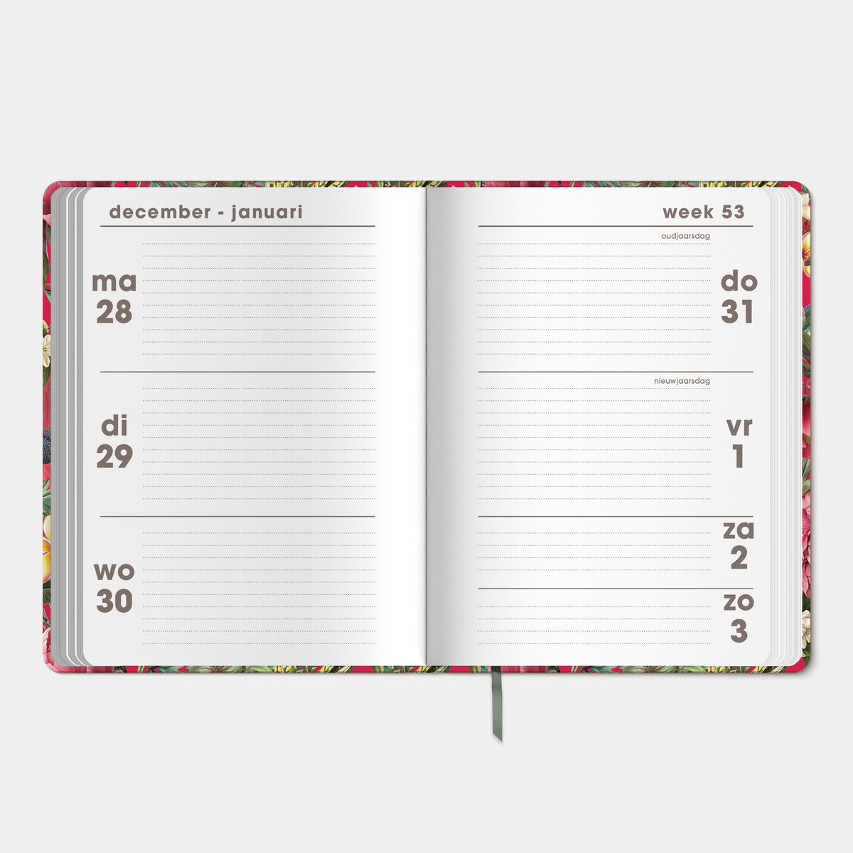 A6 agenda 2027 met tropische print op velvet rode achtergrond – binnenwerk met weekoverzicht.