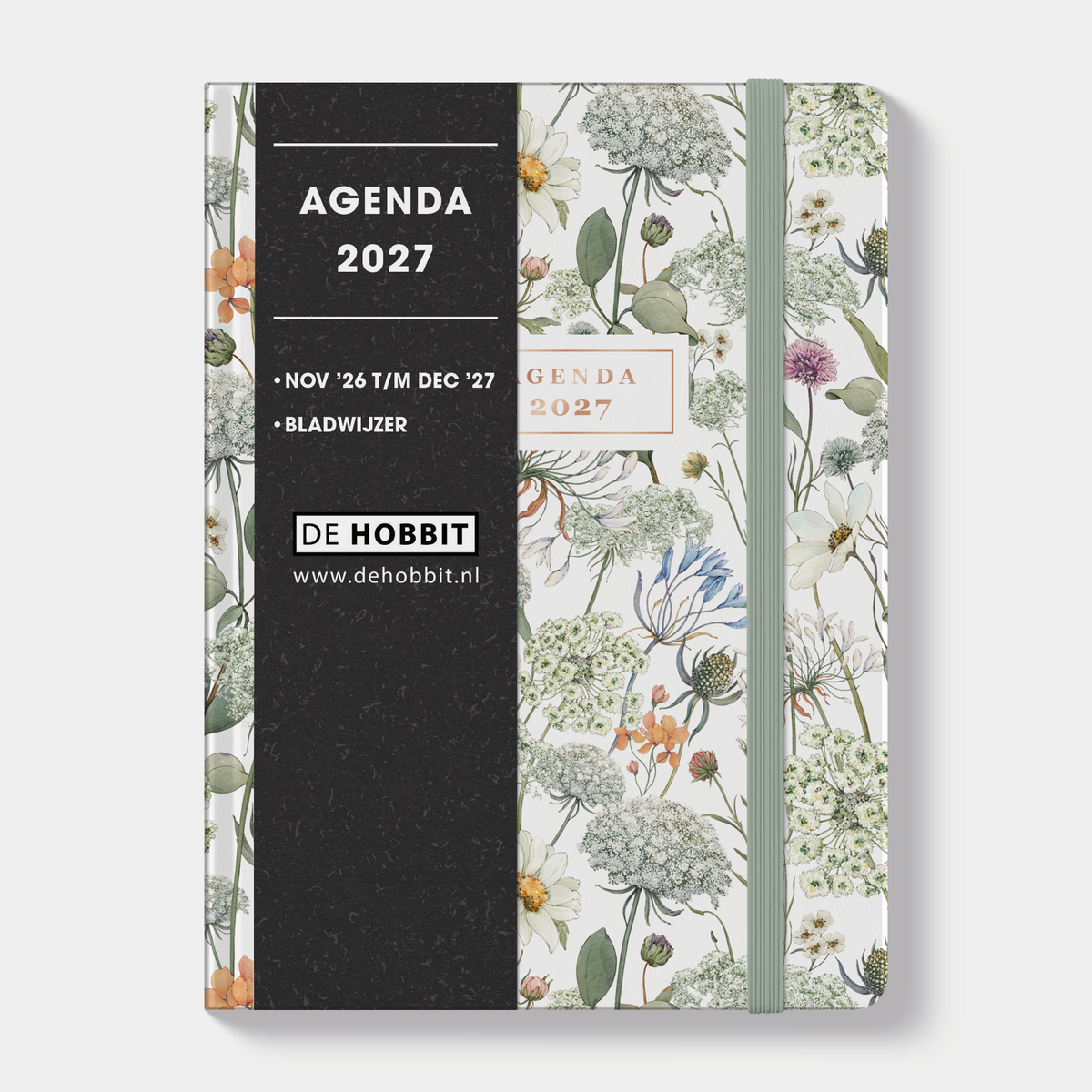 A6 agenda 2027 met een print van weidebloemen – vooraanzicht met informatieve banderol.