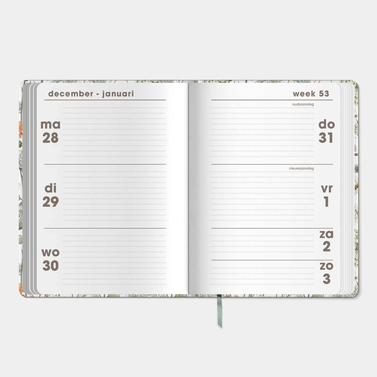 A6 agenda 2027 met een print van weidebloemen – binnenwerk met weekoverzicht.