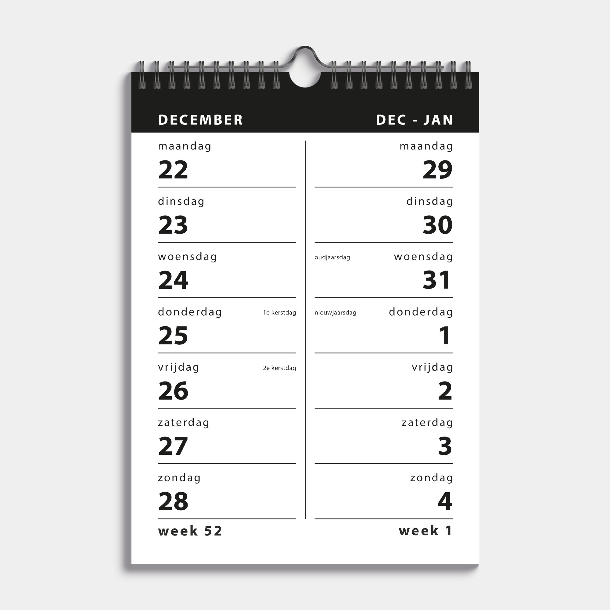 Spiraalkalender 2026 met 2 weeks overzicht in A4 formaat, uitgevoerd met in basic zwart/wit en gebonden in een zwarte metalen spiraal en hanger – binnenwerk met 2-weeks overzicht.
