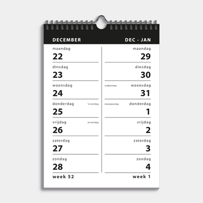 Spiraalkalender 2026 met 2 weeks overzicht in A4 formaat, uitgevoerd met in basic zwart/wit en gebonden in een zwarte metalen spiraal en hanger – binnenwerk met 2-weeks overzicht.