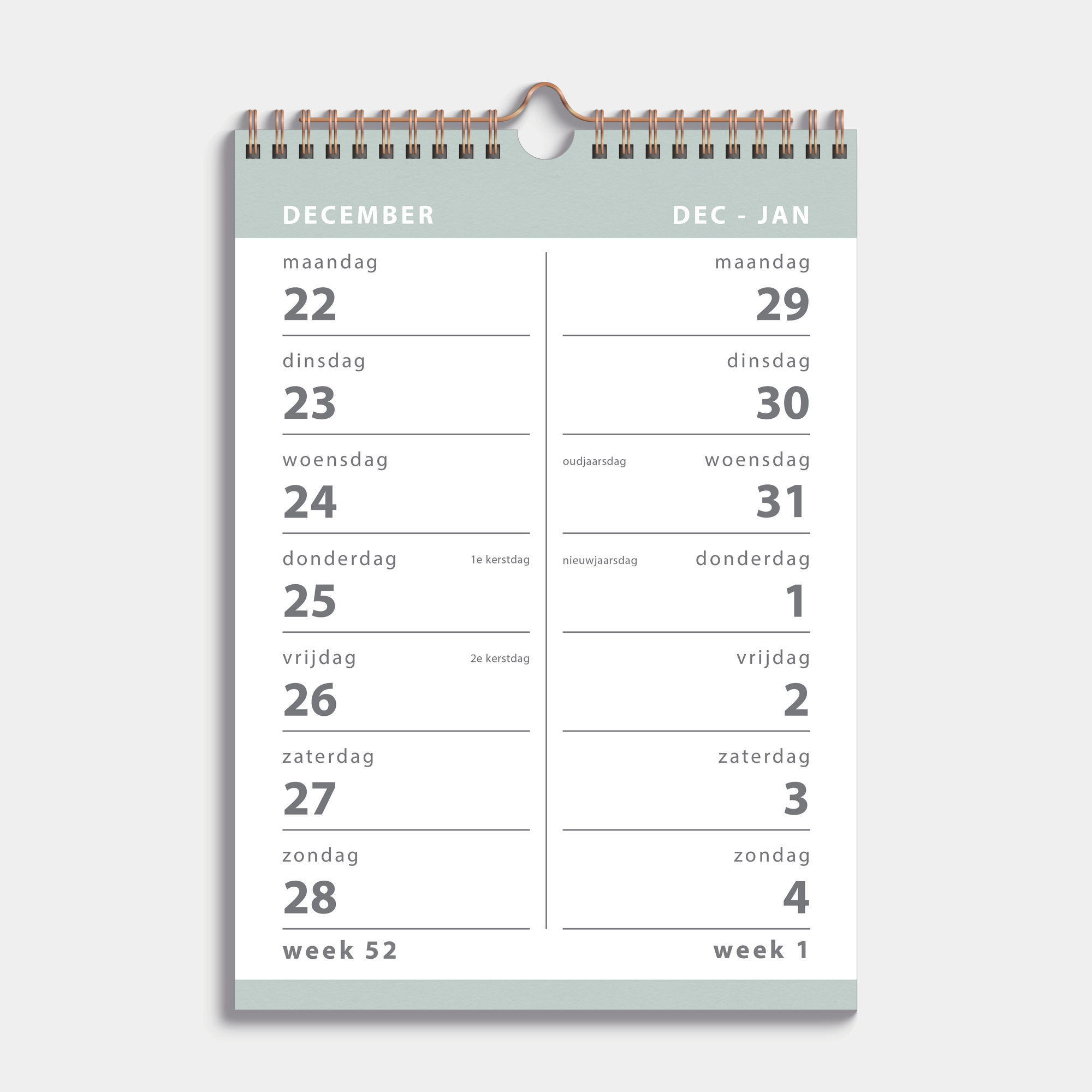 Spiraalkalender 2026 met 2 weeks overzicht in A4 formaat, uitgevoerd met grijsgroene accenten en een koperkleurige metalen spiraal en hanger – binnenwerk met 2 weeks overzicht.