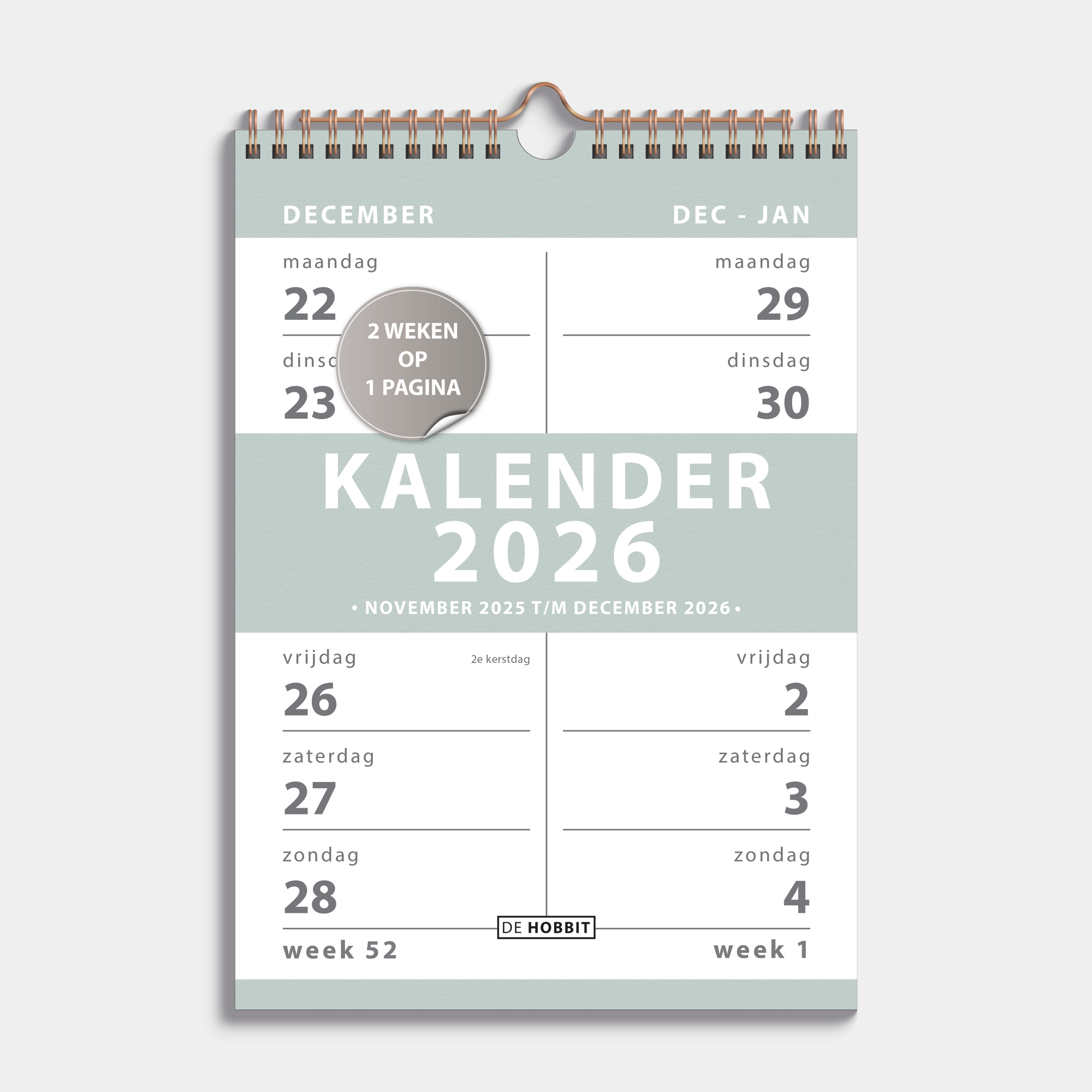 Spiraalkalender 2026 met 2 weeks overzicht in A4 formaat, uitgevoerd met grijsgroene accenten en een koperkleurige metalen spiraal en hanger – vooraanzicht met voorblad.