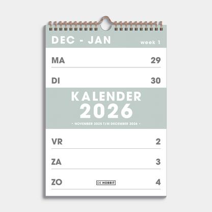 Weekkalender 2026 A4 uitgevoerd met grijsgroene accenten en een koperkleurige metalen spiraal en hanger – vooraanzicht met voorblad.