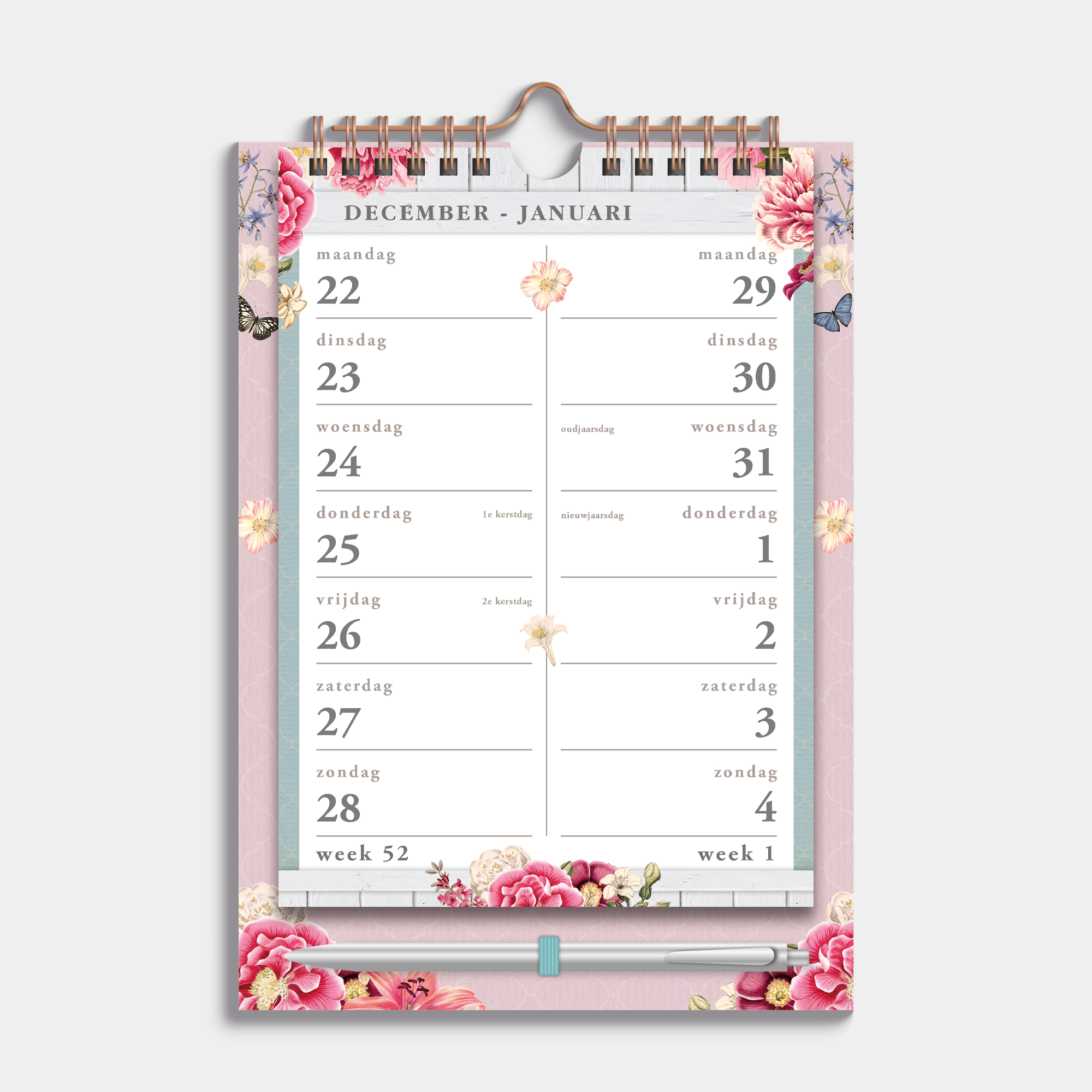 Spiraalkalender 2026 met 2 weeks overzicht in A5 formaat op een kartonnen bord in ons brocante thema – binnenwerk met 2-weeks overzicht.