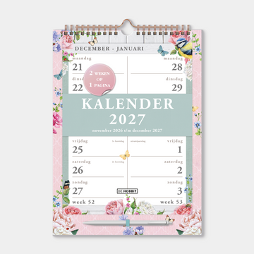 Spiraalkalender 2027 met 2 weeks overzicht in A4 formaat op kartonnen bord in ons brocante thema – vooraanzicht met voorblad.