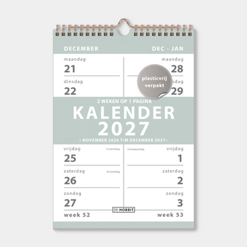 Spiraalkalender 2027 met 2 weeks overzicht in A4 formaat, uitgevoerd met grijsgroene accenten en een koperkleurige metalen spiraal en hanger – vooraanzicht met voorblad.