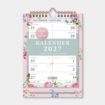 Spiraalkalender 2027 met 2 weeks overzicht in A5 formaat op kartonnen bord in ons brocante thema – vooraanzicht met voorblad.