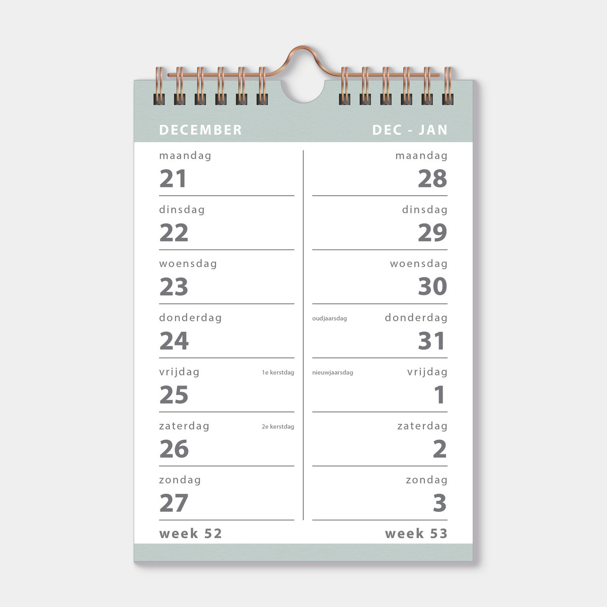Spiraalkalender 2027 met 2 weeks overzicht in A5 formaat, uitgevoerd met grijsgroene accenten en een koperkleurige metalen spiraal en hanger – binnenwerk met 2 weeks overzicht.