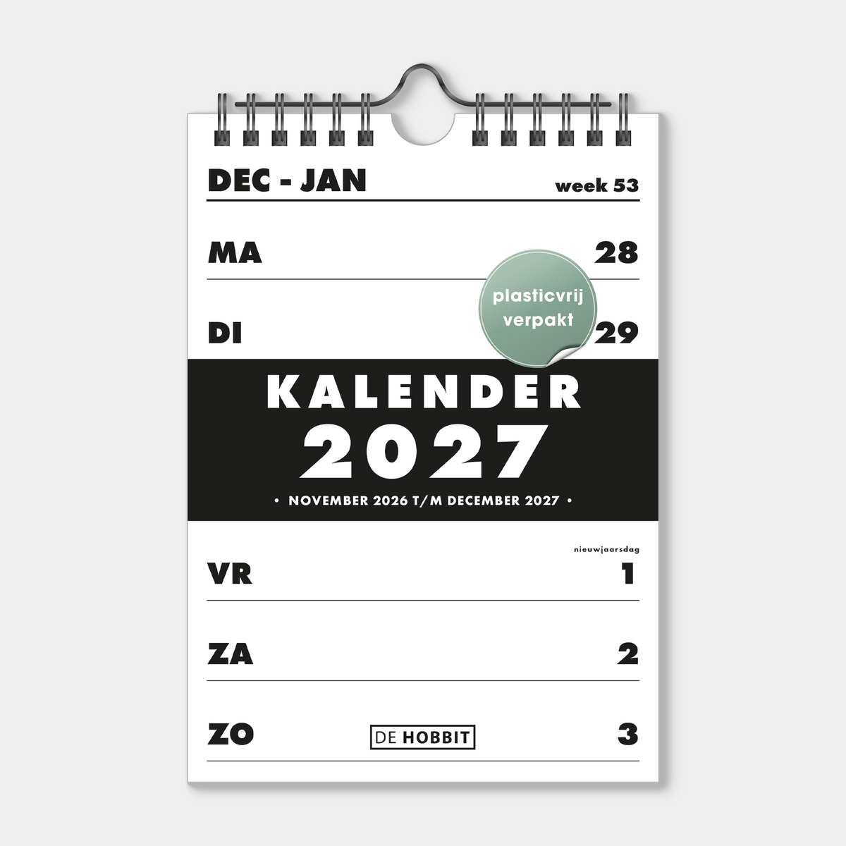 Weekkalender 2027 in A5, uitgevoerd in basic zwart en wit met een zwarte metalen spiraal en hanger – vooraanzicht met voorblad.