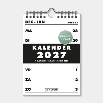 Weekkalender 2027 in A5, uitgevoerd in basic zwart en wit met een zwarte metalen spiraal en hanger – vooraanzicht met voorblad.