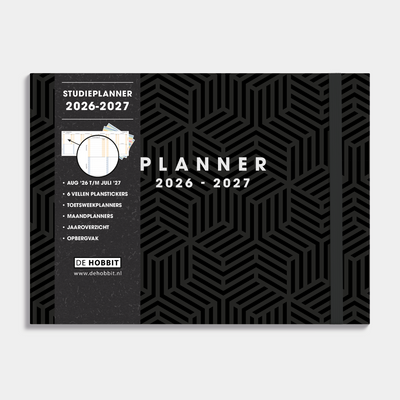 Studieplanner 2026-2027 met een geometrisch patroon op een zwarte kaft en elastische sluiting – vooraanzicht met informatieve banderol.