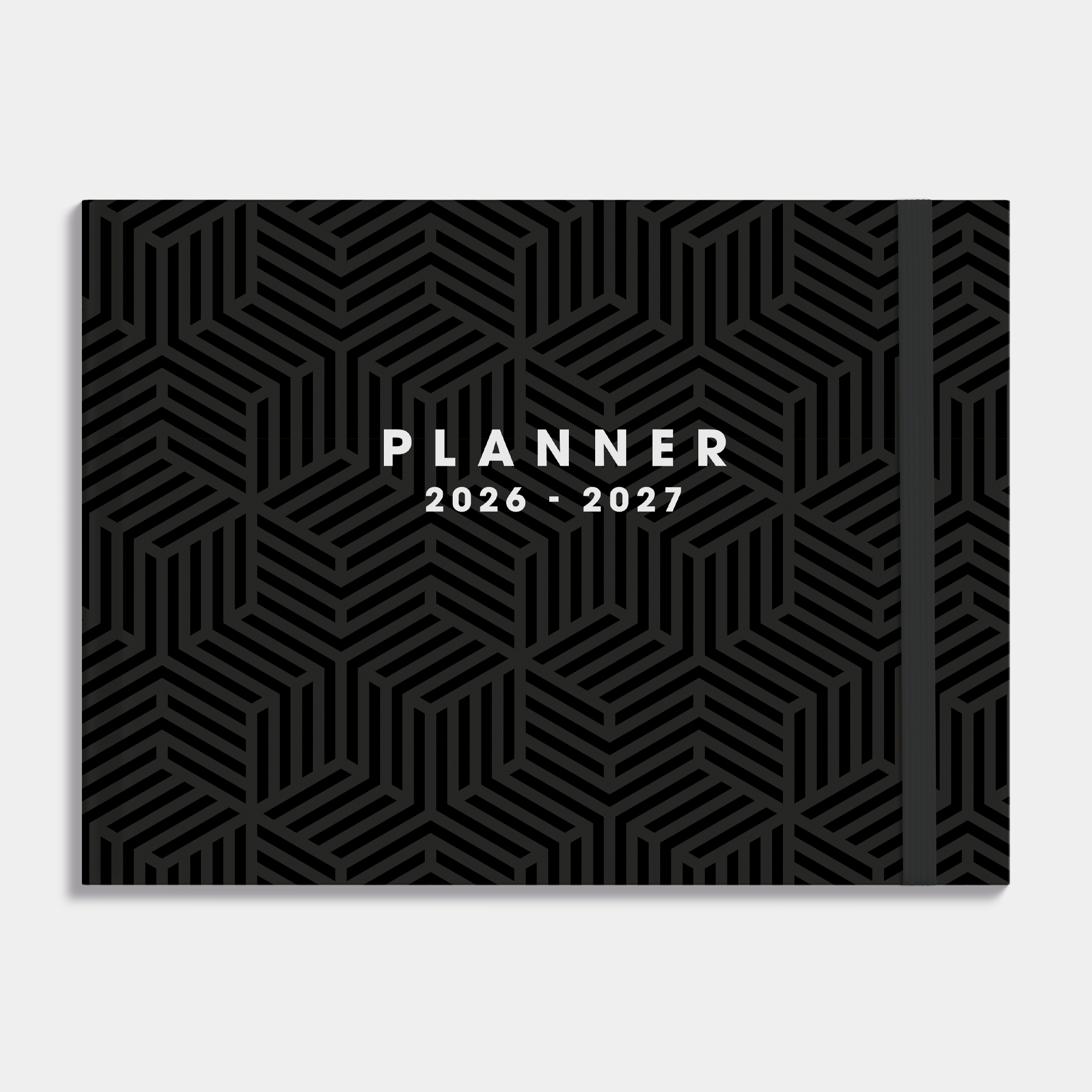 Studieplanner 2026-2027 met een geometrisch patroon op een zwarte kaft en elastische sluiting – vooraanzicht.