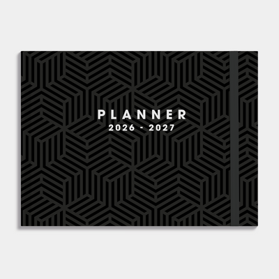 Studieplanner 2026-2027 met een geometrisch patroon op een zwarte kaft en elastische sluiting – vooraanzicht.