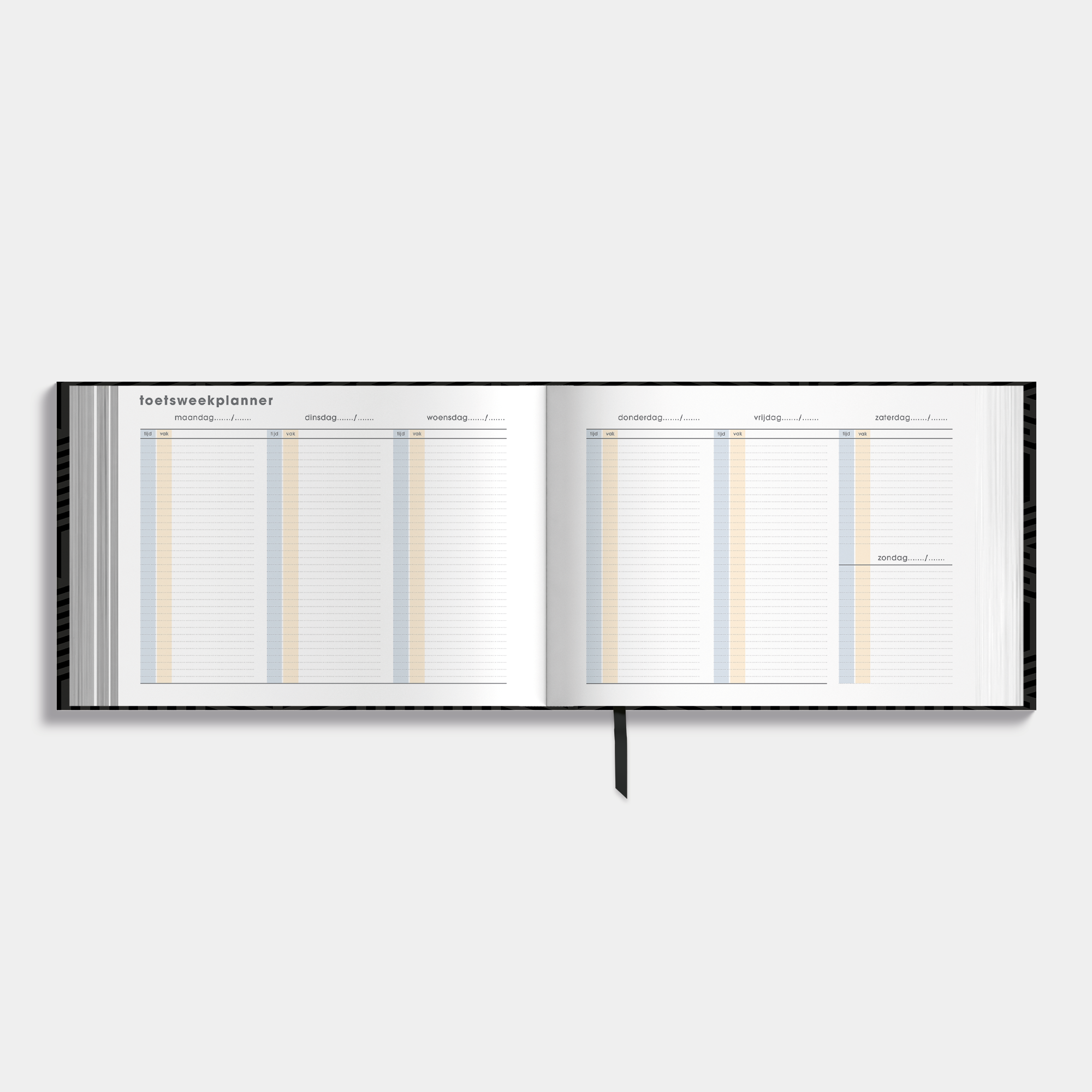 Studieplanner 2026-2027 met geometrisch patroon – toetsweekplanner.