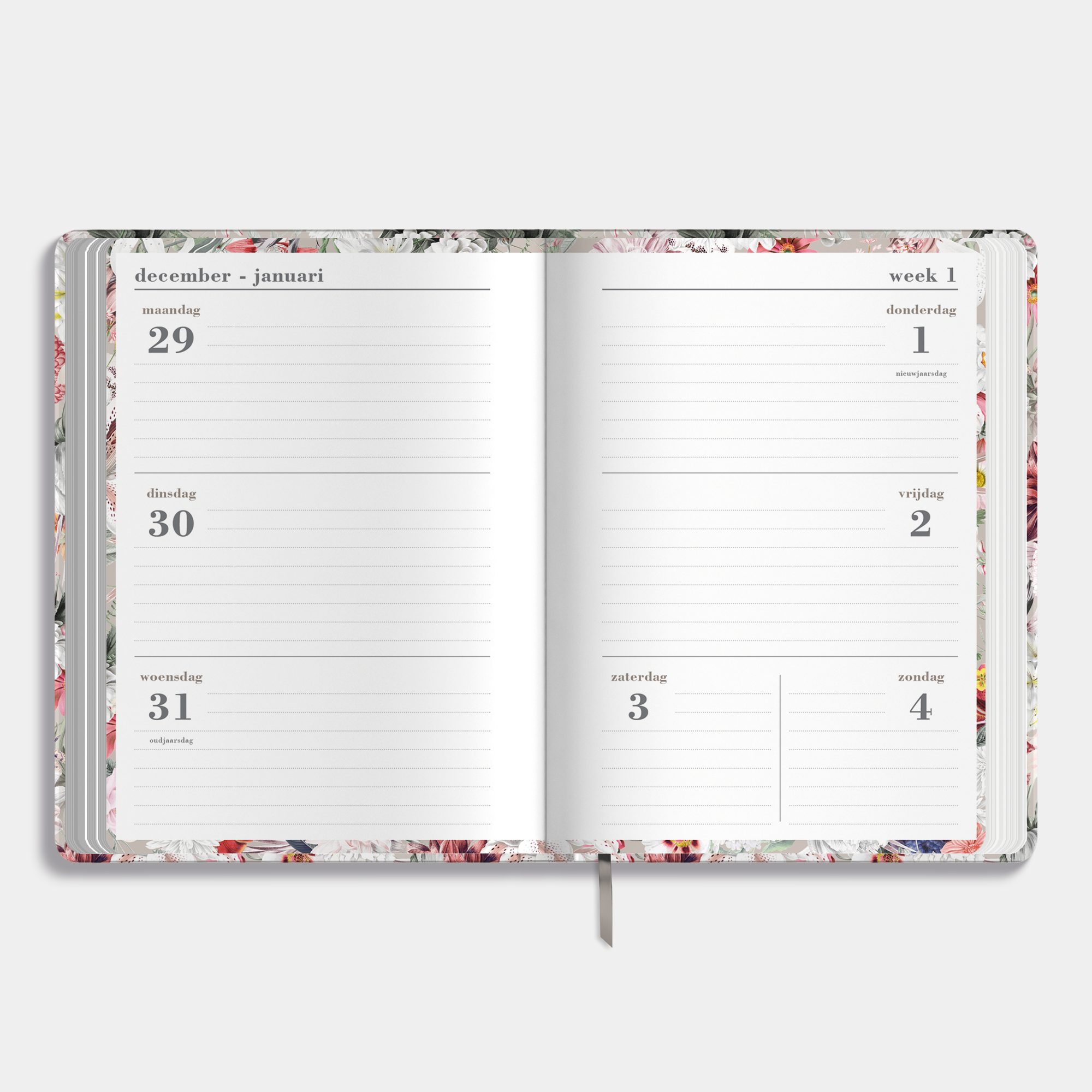 B6 weekagenda 2026 met dessin van bloemen op beige achtergrond – binnenwerk met weekoverzicht.