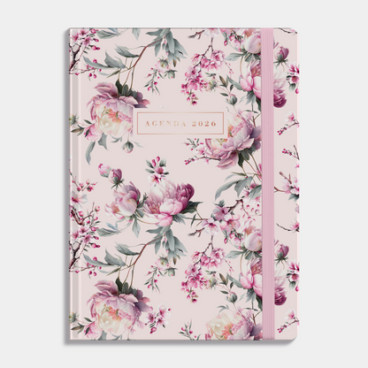 B6 weekagenda 2026 met kersenbloesemprint, met harde kaft en elastische sluiting – vooraanzicht.