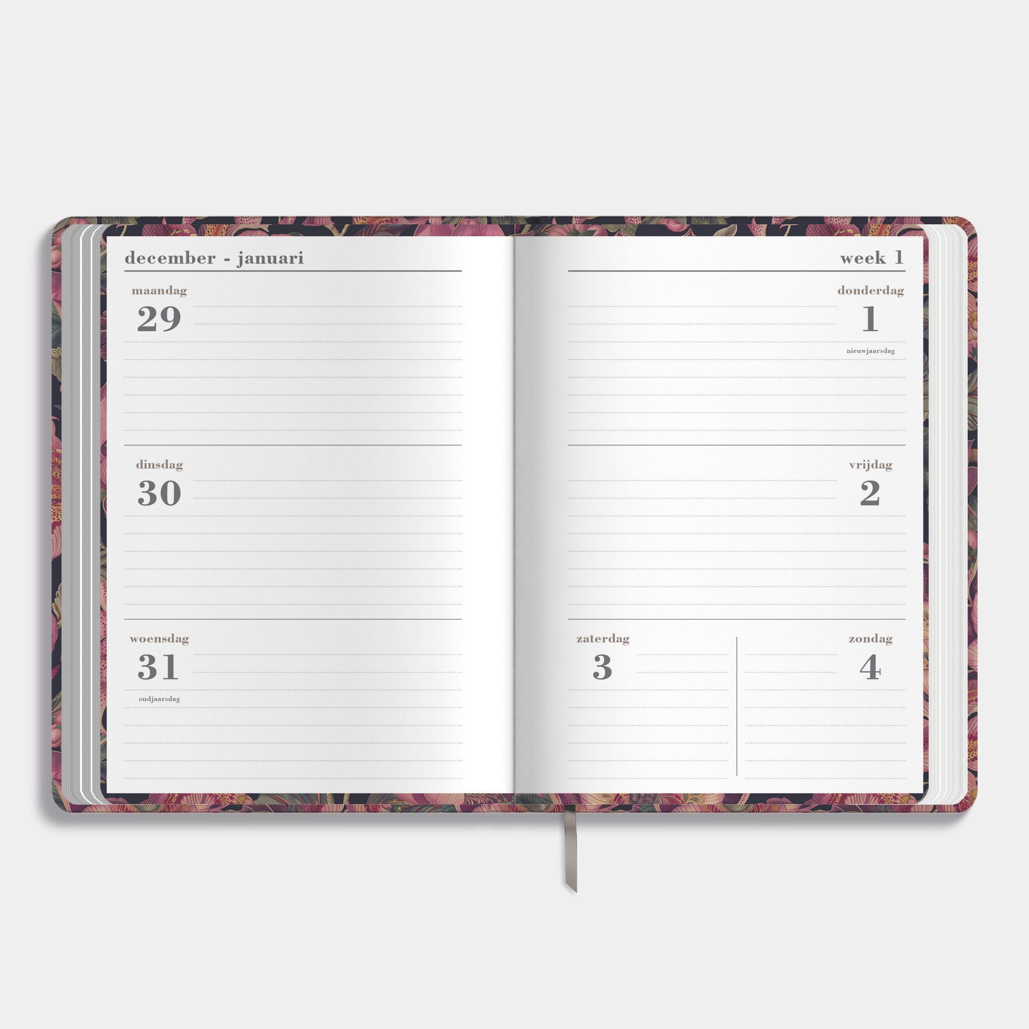 B6 weekagenda 2026 met klassieke print van lelies, passiebloemen en pioenrozen in rode tinten – binnenwerk met weekoverzicht.