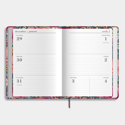B6 weekagenda 2026 met print van tropische bloemen – binnenwerk met weekoverzicht.