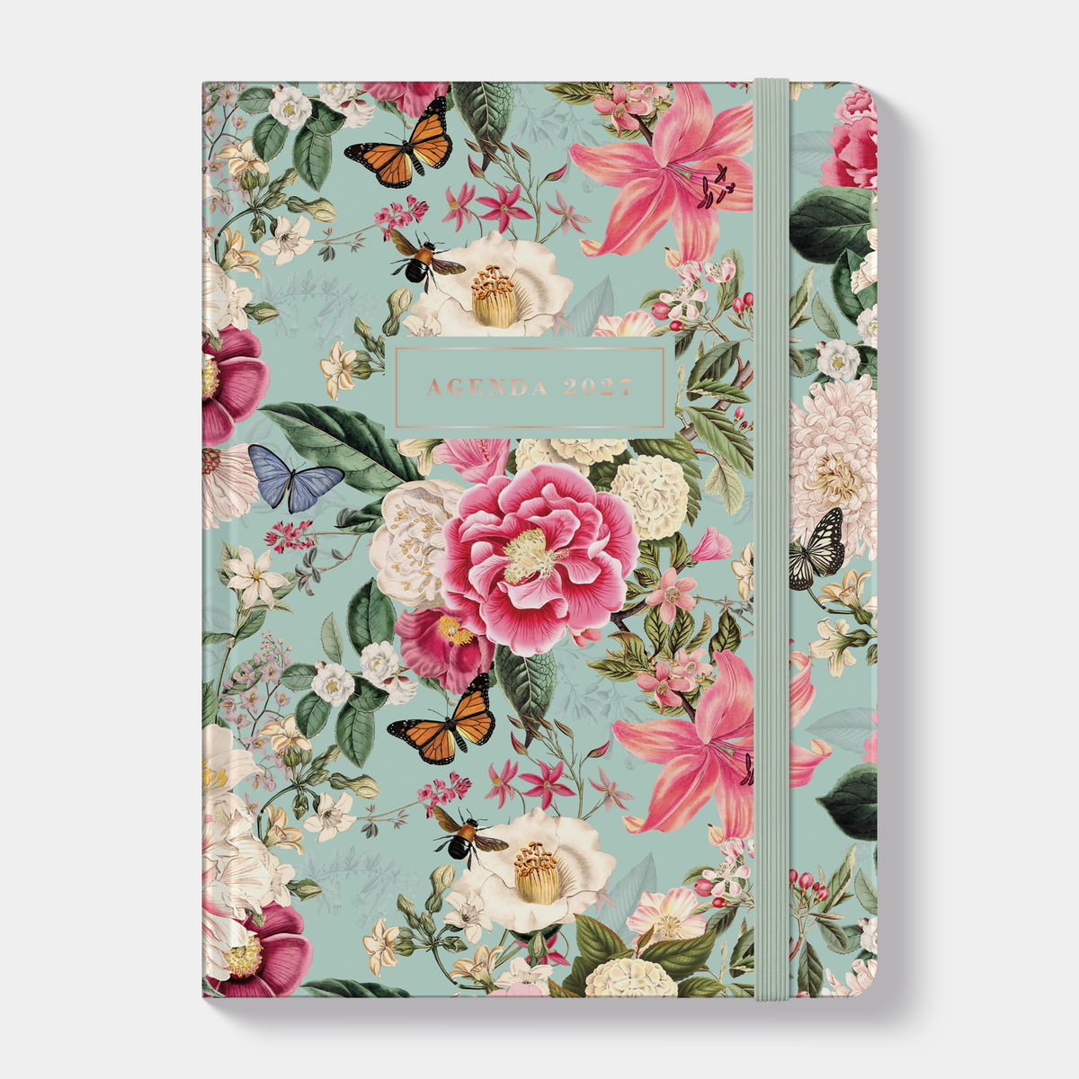 B6 weekagenda 2027 met brocante print van grote bloemen en vlinders, met harde kaft en elastische sluiting – vooraanzicht.
