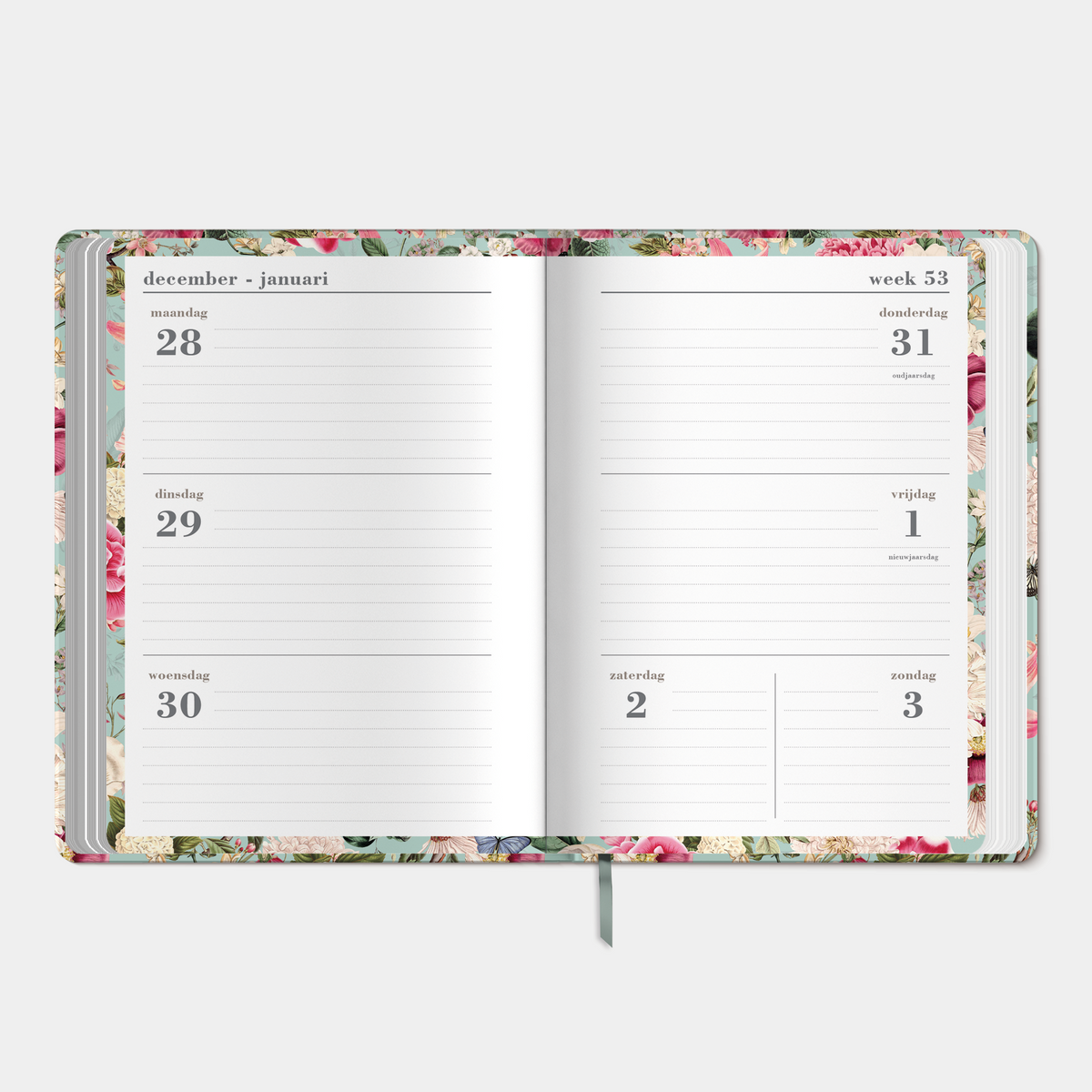 B6 weekagenda 2027 met brocante print van grote bloemen en vlinders, met harde kaft en elastische sluiting – binnenwerk met weekoverzicht.