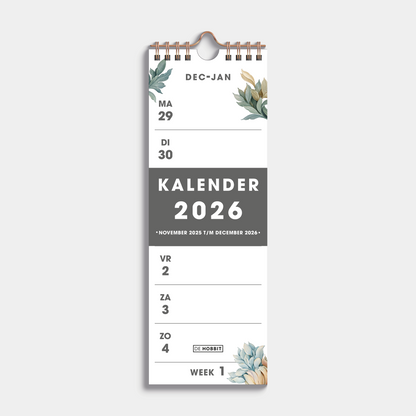 weekkalender 2026 in half A4 formaat met een vintage bloemen dessin, gebonden in koperkleurige metalen spiraal – vooraanzicht.