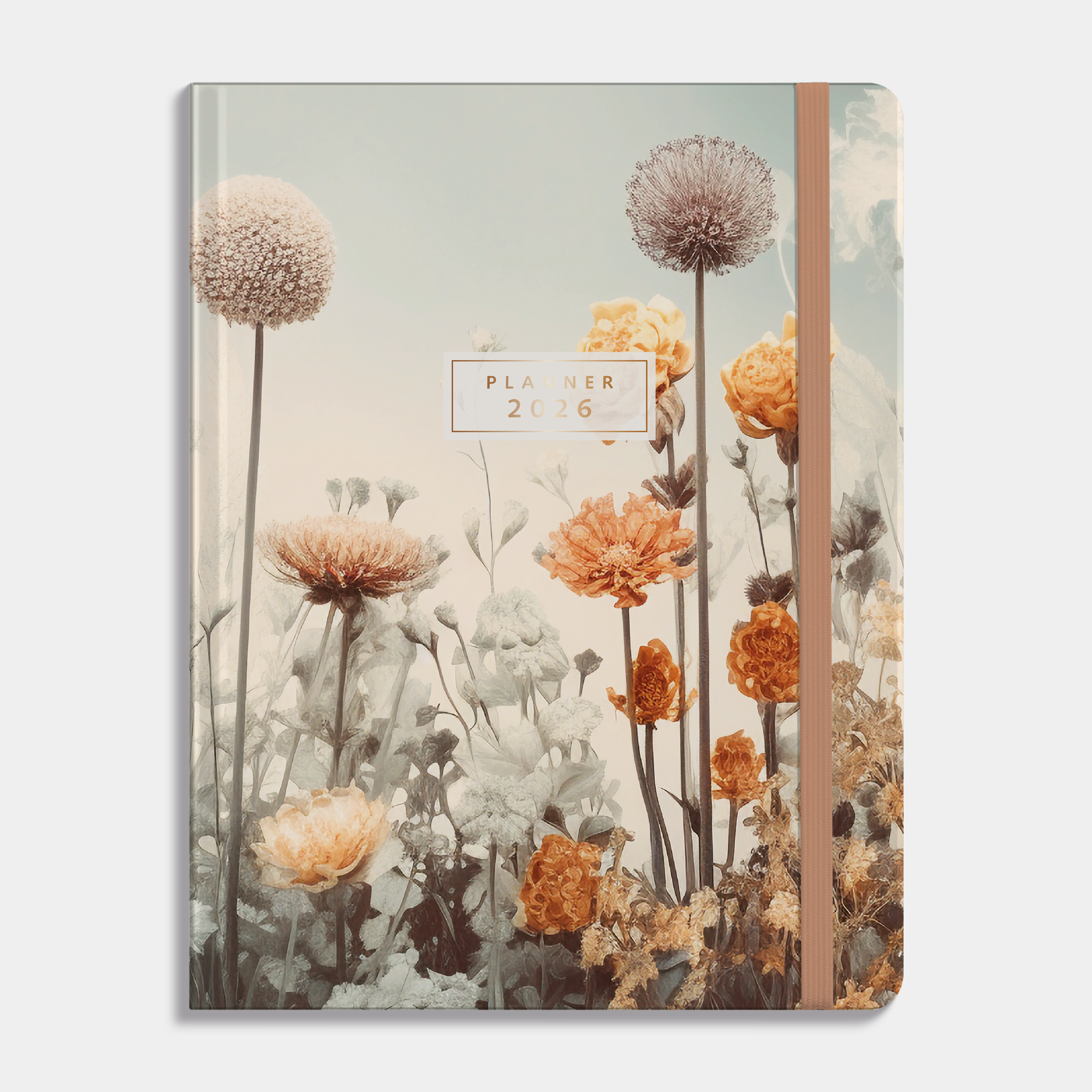 Weekplanner 2026 met stijlvolle print van veldbloemen, harde cover en elastische sluiting – vooraanzicht.