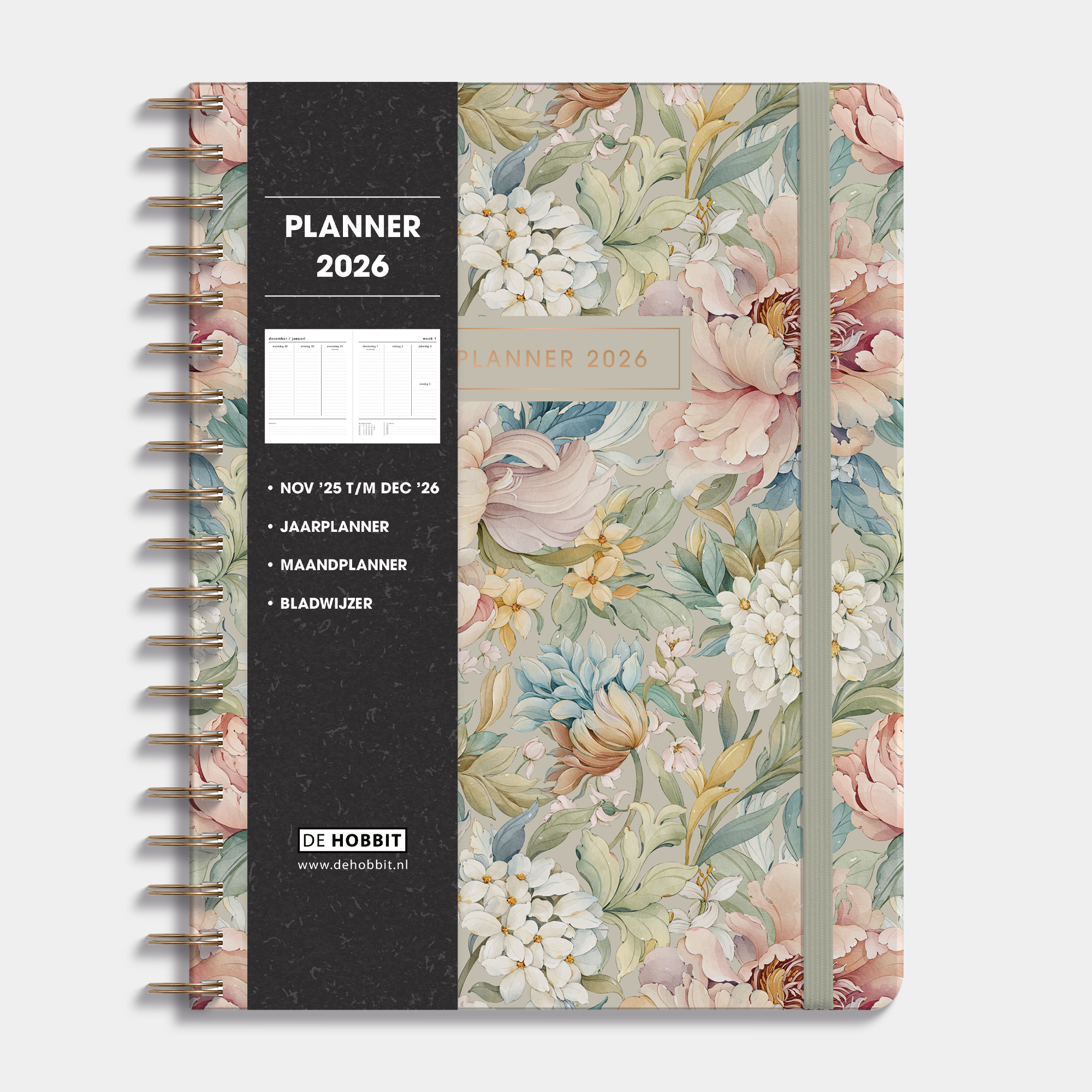 weekplanner 2026 met vintage print van pioenrozen en jasmijn in pasteltinten, harde cover en elastische sluiting – vooraanzicht met informatieve banderol.