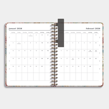 weekplanner 2026 met vintage print van pioenen en jasmijn – binnenwerk met maandplanner.