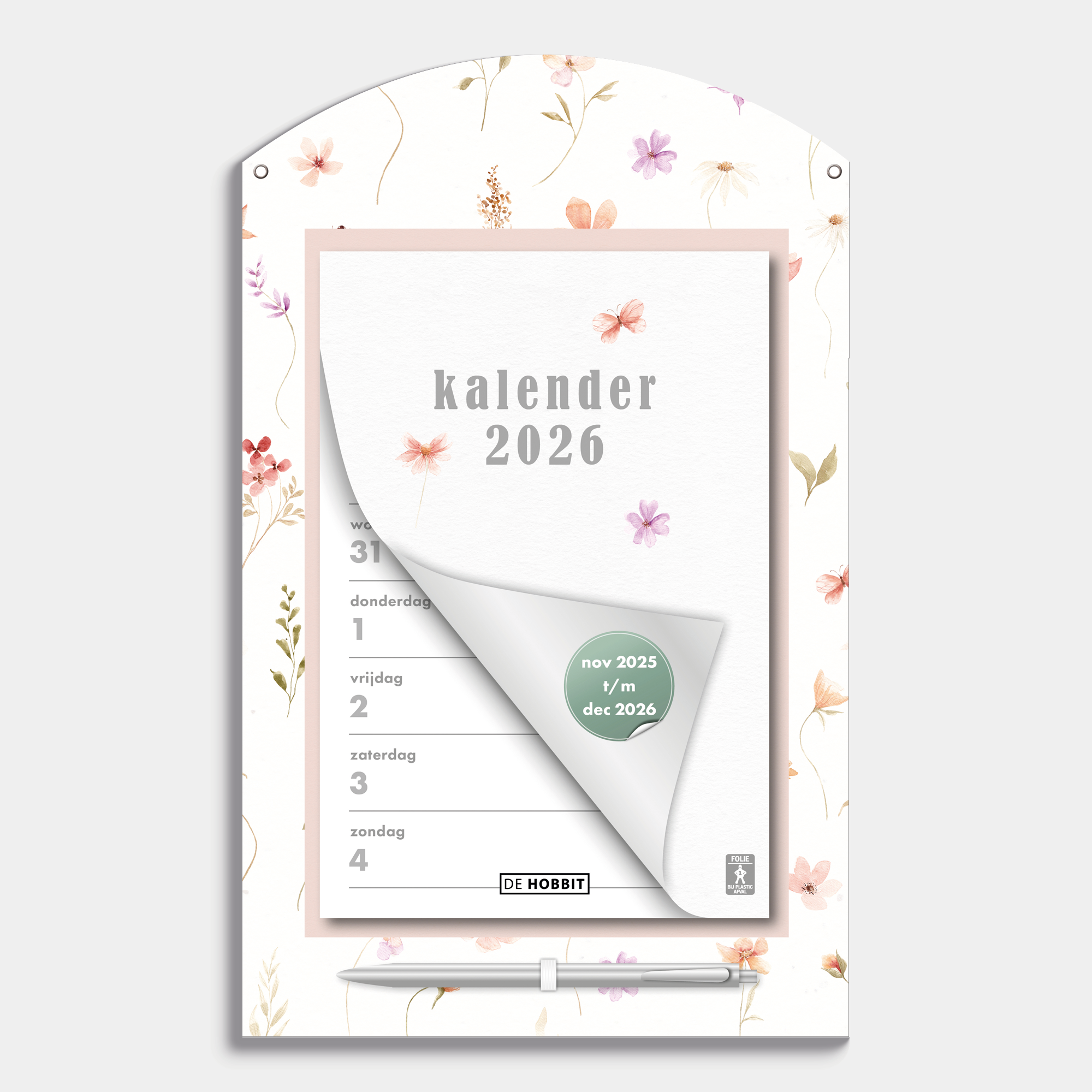 Scheurkalender 2026 op een kartonnen bord voorzien van een lief motiefje van aquarel geschilderde bloemetjes, met pen – vooraanzicht.