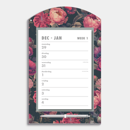 Scheurkalender 2026 op een kartonnen bord voorzien van een sfeervolle print van rode rozen op een donkere achtergrond, met pen – binnenwerk met weekoverzicht.