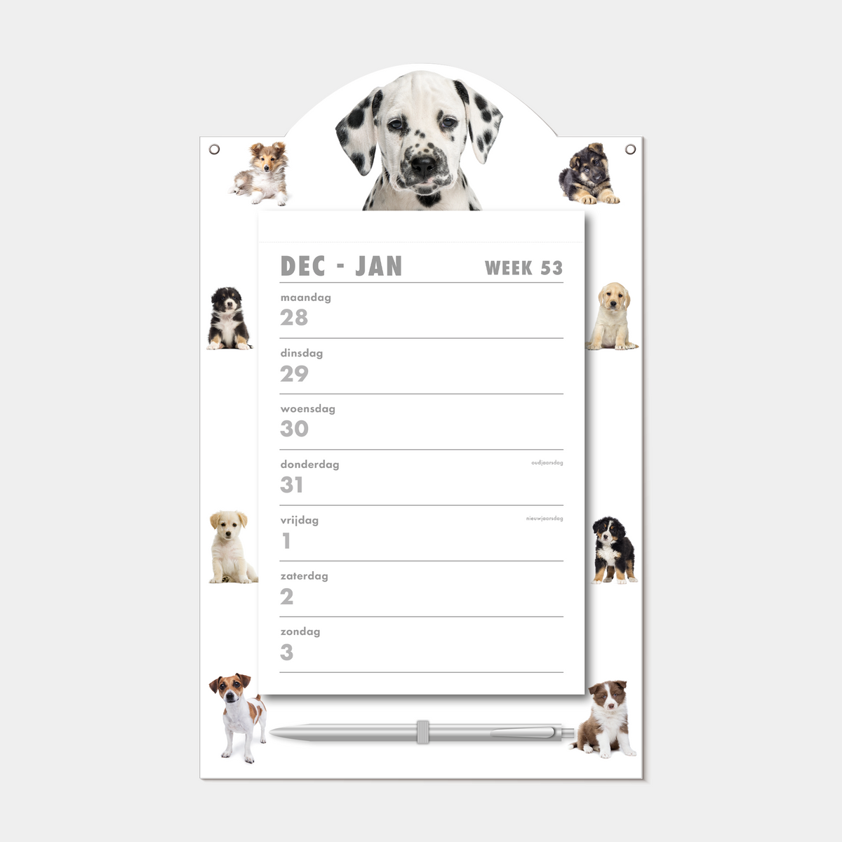 Scheurkalender 2027 op een kartonnen bord voorzien van foto's van lieve honden en puppy's, met pen en ophangkoord – binnenwerk met weekoverzicht.